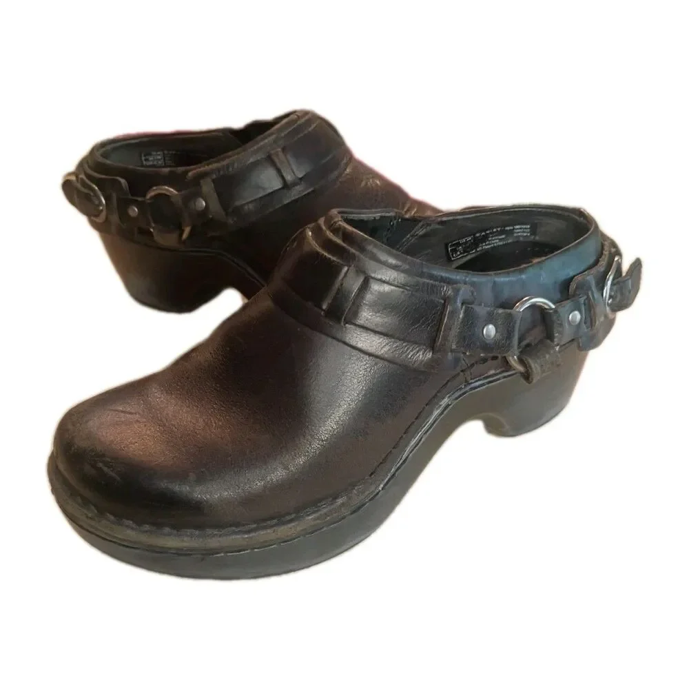 Ariat Abberley Women's Black Leather Clogs ATS Equipped Metal Ring Biker Size 6B